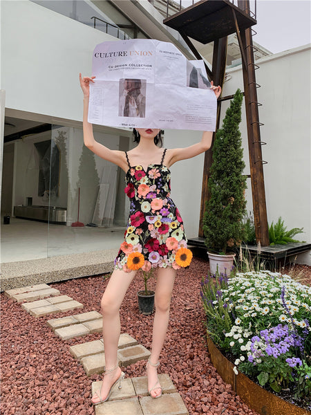 Lovely Women Three Dimensional 3D Embroidery Floral Flowers Pattern Hollow Out Spaghetti Strap Mini Party Dress