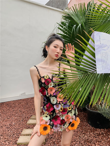Lovely Women Three Dimensional 3D Embroidery Floral Flowers Pattern Hollow Out Spaghetti Strap Mini Party Dress