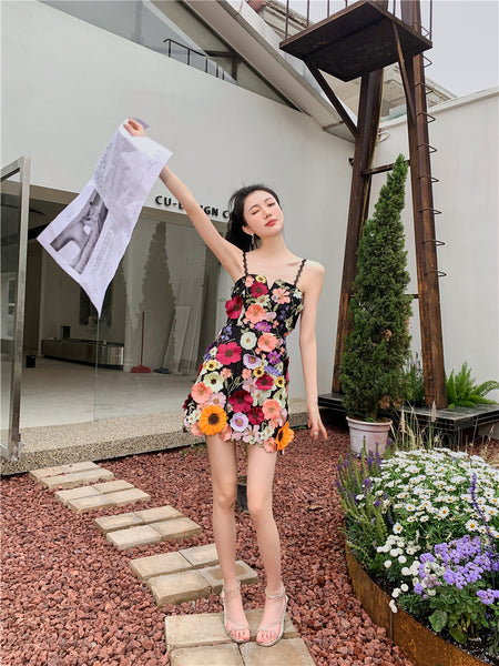 Lovely Women Three Dimensional 3D Embroidery Floral Flowers Pattern Hollow Out Spaghetti Strap Mini Party Dress