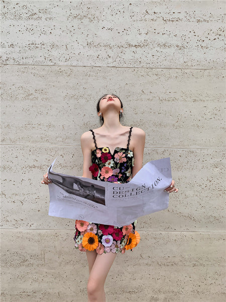 Lovely Women Three Dimensional 3D Embroidery Floral Flowers Pattern Hollow Out Spaghetti Strap Mini Party Dress