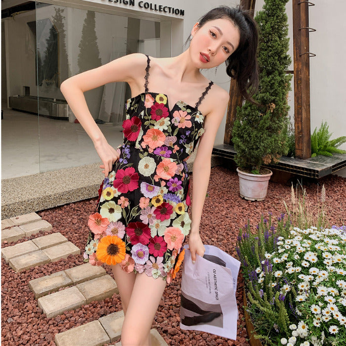 Lovely Women Three Dimensional 3D Embroidery Floral Flowers Pattern Hollow Out Spaghetti Strap Mini Party Dress