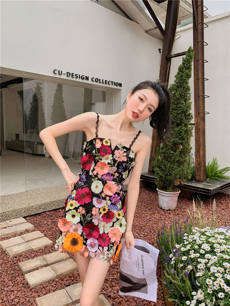 Lovely Women Three Dimensional 3D Embroidery Floral Flowers Pattern Hollow Out Spaghetti Strap Mini Party Dress