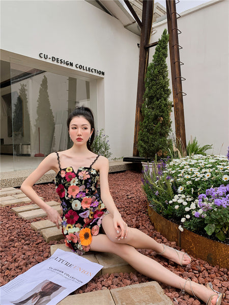 Lovely Women Three Dimensional 3D Embroidery Floral Flowers Pattern Hollow Out Spaghetti Strap Mini Party Dress