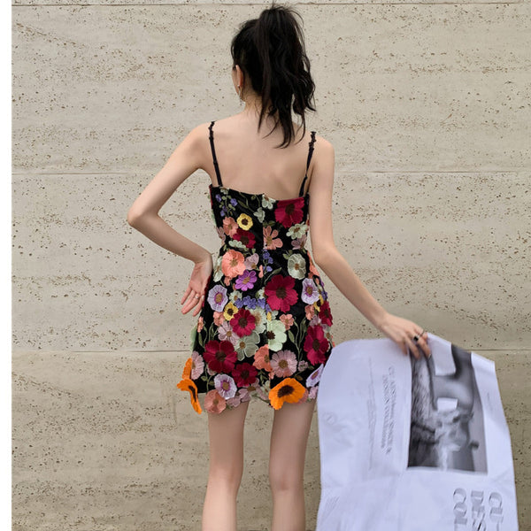 Lovely Women Three Dimensional 3D Embroidery Floral Flowers Pattern Hollow Out Spaghetti Strap Mini Party Dress