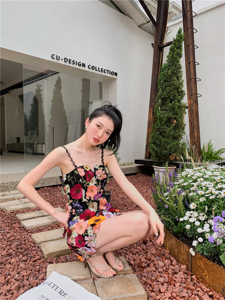 Lovely Women Three Dimensional 3D Embroidery Floral Flowers Pattern Hollow Out Spaghetti Strap Mini Party Dress