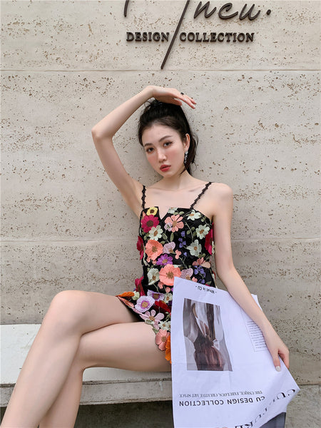 Lovely Women Three Dimensional 3D Embroidery Floral Flowers Pattern Hollow Out Spaghetti Strap Mini Party Dress