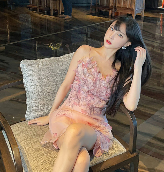 Fairy Women Feather Pink Flower Halter 3D Embroidery Spaghetti Strap Sleeveless Mini Dress