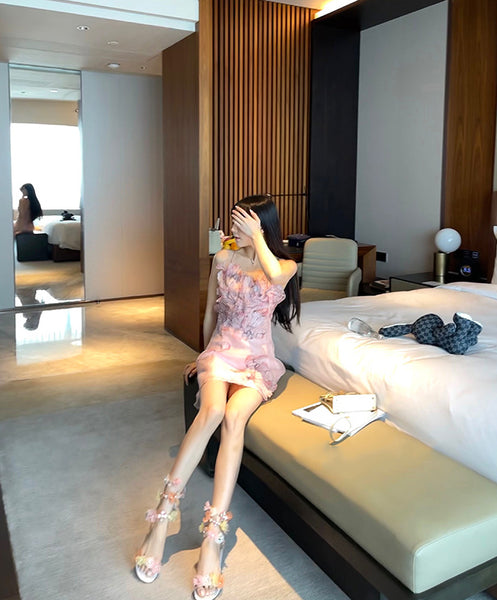 Fairy Women Feather Pink Flower Halter 3D Embroidery Spaghetti Strap Sleeveless Mini Dress