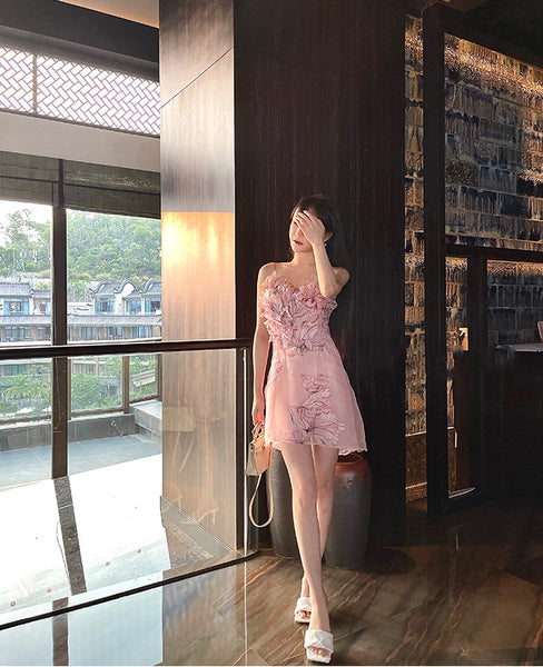 Fairy Women Feather Pink Flower Halter 3D Embroidery Spaghetti Strap Sleeveless Mini Dress