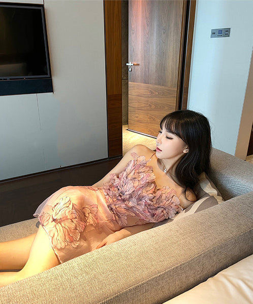 Fairy Women Feather Pink Flower Halter 3D Embroidery Spaghetti Strap Sleeveless Mini Dress