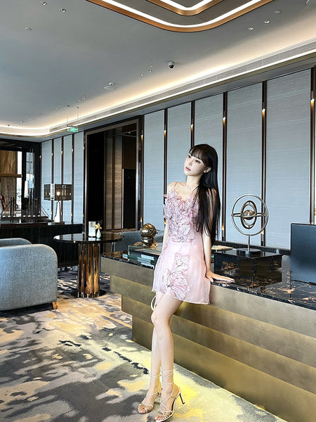 Fairy Women Feather Pink Flower Halter 3D Embroidery Spaghetti Strap Sleeveless Mini Dress