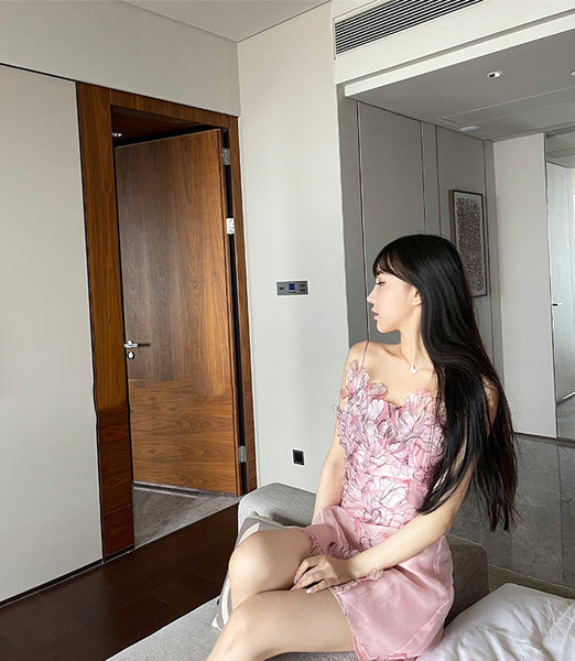 Fairy Women Feather Pink Flower Halter 3D Embroidery Spaghetti Strap Sleeveless Mini Dress