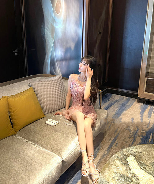 Fairy Women Feather Pink Flower Halter 3D Embroidery Spaghetti Strap Sleeveless Mini Dress