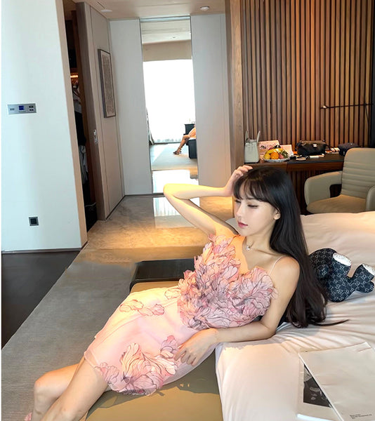 Fairy Women Feather Pink Flower Halter 3D Embroidery Spaghetti Strap Sleeveless Mini Dress