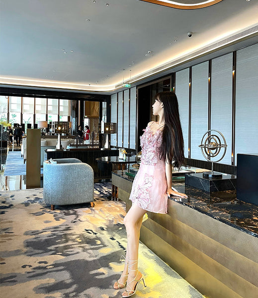 Fairy Women Feather Pink Flower Halter 3D Embroidery Spaghetti Strap Sleeveless Mini Dress