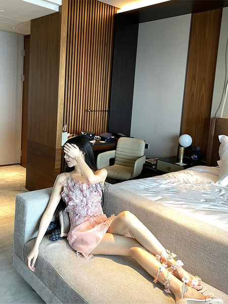 Fairy Women Feather Pink Flower Halter 3D Embroidery Spaghetti Strap Sleeveless Mini Dress