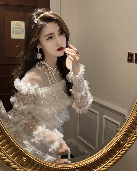 Temperament Elegant Women Fashion White Beading Ruffled Birthday Party High Waist Mini Dress