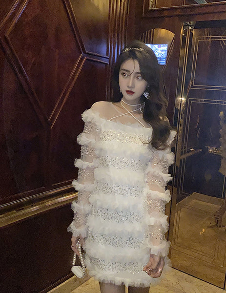 Temperament Elegant Women Fashion White Beading Ruffled Birthday Party High Waist Mini Dress
