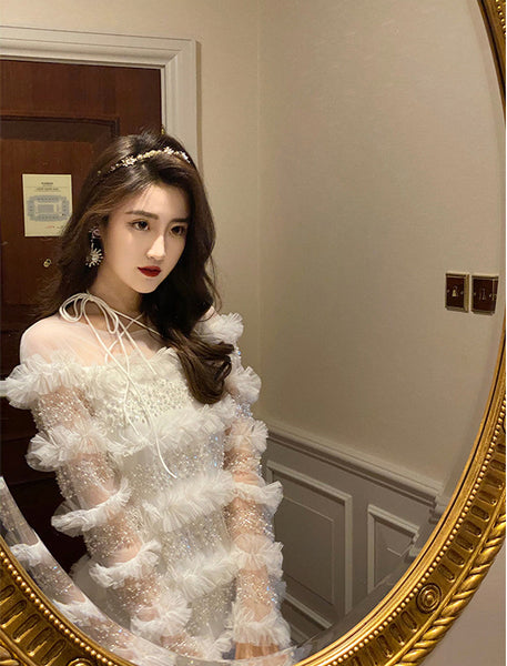 Temperament Elegant Women Fashion White Beading Ruffled Birthday Party High Waist Mini Dress