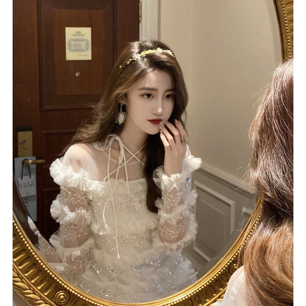 Temperament Elegant Women Fashion White Beading Ruffled Birthday Party High Waist Mini Dress