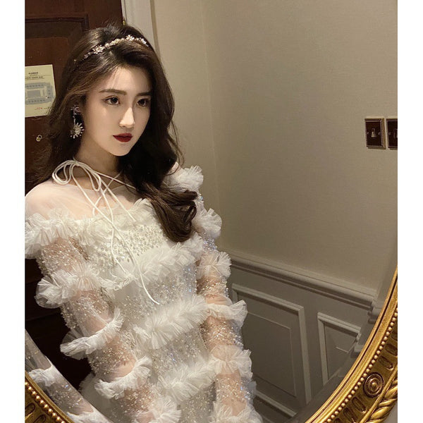 Temperament Elegant Women Fashion White Beading Ruffled Birthday Party High Waist Mini Dress