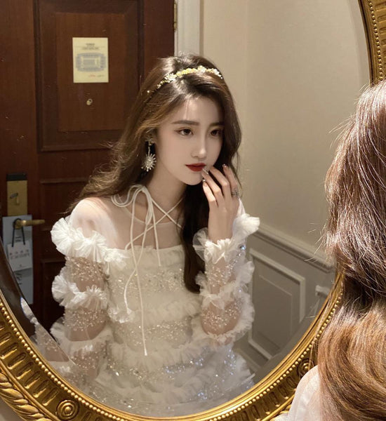 Temperament Elegant Women Fashion White Beading Ruffled Birthday Party High Waist Mini Dress