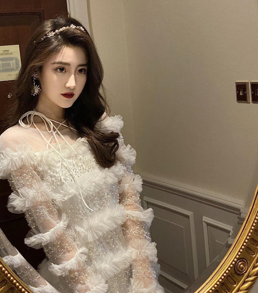 Temperament Elegant Women Fashion White Beading Ruffled Birthday Party High Waist Mini Dress