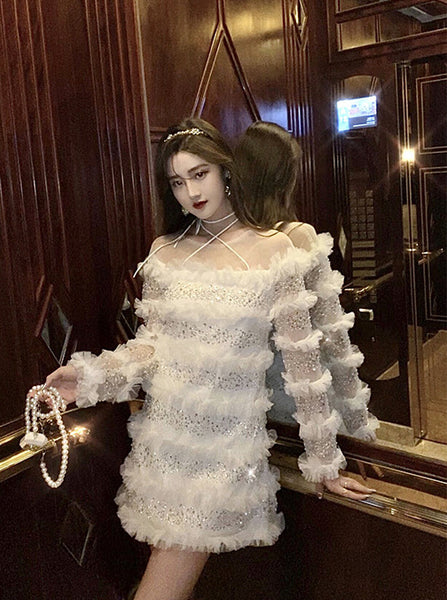 Temperament Elegant Women Fashion White Beading Ruffled Birthday Party High Waist Mini Dress