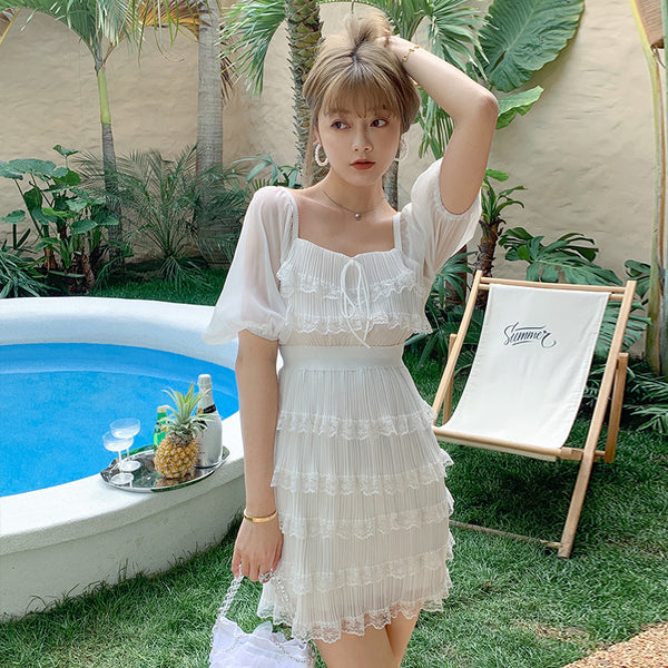 Beach Sweet Chic Women Trendy Skirt Seaside Holiday Slim Ruffled Cake Dress