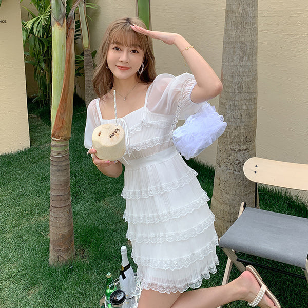 Beach Sweet Chic Women Trendy Skirt Seaside Holiday Slim Ruffled Cake Dress