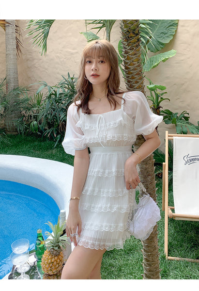 Beach Sweet Chic Women Trendy Skirt Seaside Holiday Slim Ruffled Cake Dress