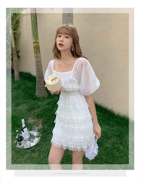 Beach Sweet Chic Women Trendy Skirt Seaside Holiday Slim Ruffled Cake Dress