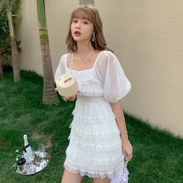 Beach Sweet Chic Women Trendy Skirt Seaside Holiday Slim Ruffled Cake Dress