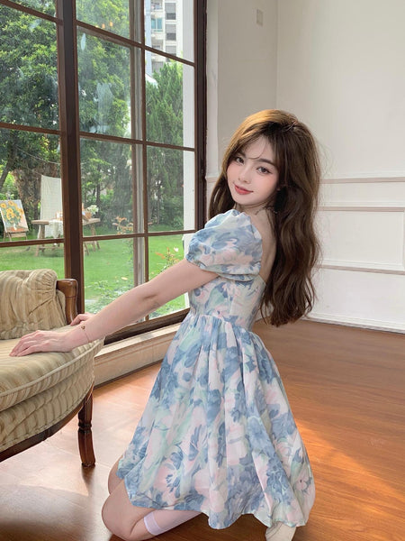 Summer Sweet Temperament Fashion Hot Women Floral Printed Design Pink Bow Puff Short Sleeve Dress