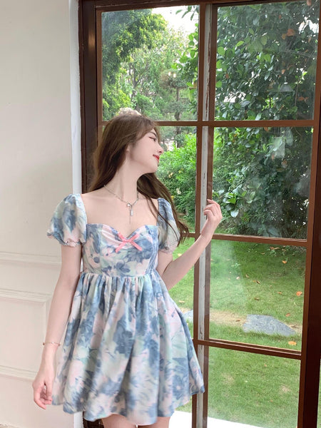 Summer Sweet Temperament Fashion Hot Women Floral Printed Design Pink Bow Puff Short Sleeve Dress