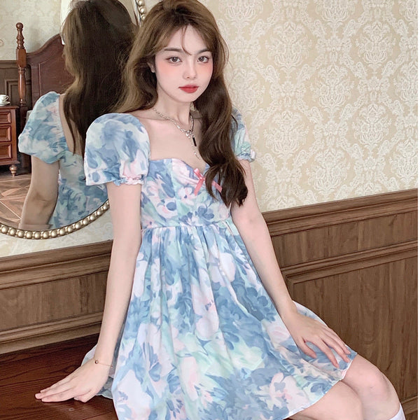 Summer Sweet Temperament Fashion Hot Women Floral Printed Design Pink Bow Puff Short Sleeve Dress