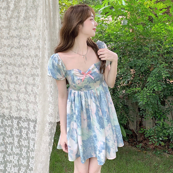 Summer Sweet Temperament Fashion Hot Women Floral Printed Design Pink Bow Puff Short Sleeve Dress