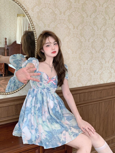 Summer Sweet Temperament Fashion Hot Women Floral Printed Design Pink Bow Puff Short Sleeve Dress