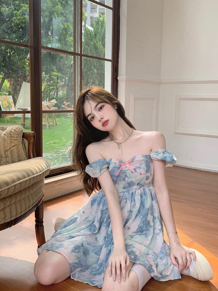 Summer Sweet Temperament Fashion Hot Women Floral Printed Design Pink Bow Puff Short Sleeve Dress