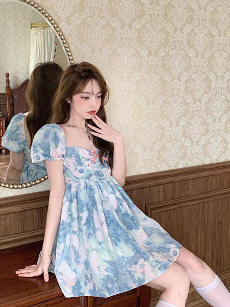 Summer Sweet Temperament Fashion Hot Women Floral Printed Design Pink Bow Puff Short Sleeve Dress