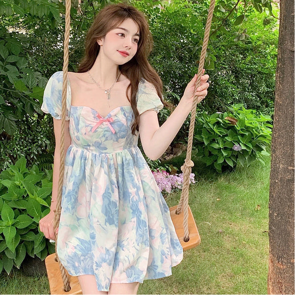 Summer Sweet Temperament Fashion Hot Women Floral Printed Design Pink Bow Puff Short Sleeve Dress