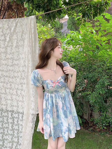 Summer Sweet Temperament Fashion Hot Women Floral Printed Design Pink Bow Puff Short Sleeve Dress