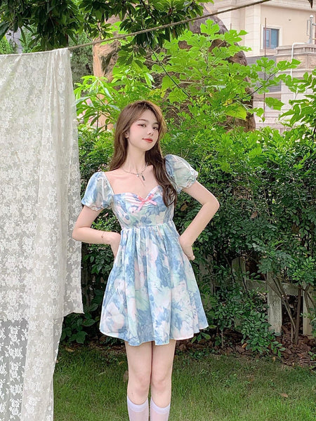 Summer Sweet Temperament Fashion Hot Women Floral Printed Design Pink Bow Puff Short Sleeve Dress