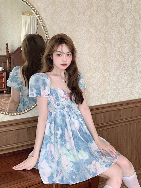 Summer Sweet Temperament Fashion Hot Women Floral Printed Design Pink Bow Puff Short Sleeve Dress