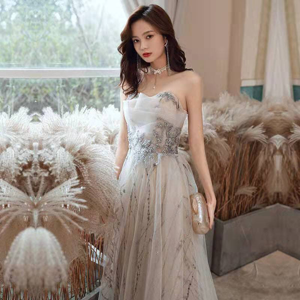 Attractive Elegant Banquet Fairy Evening Off Shoulder Strapless Off White Ball Gown Women Prom Dress