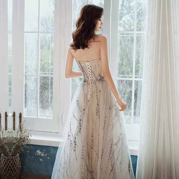 Attractive Elegant Banquet Fairy Evening Off Shoulder Strapless Off White Ball Gown Women Prom Dress
