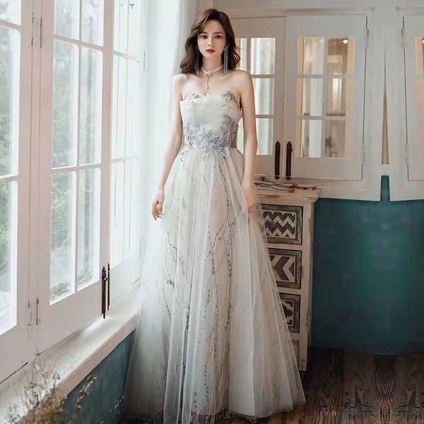 Attractive Elegant Banquet Fairy Evening Off Shoulder Strapless Off White Ball Gown Women Prom Dress