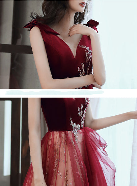 Evening Burgundy Bride Temperament Queen Embroidery V Neck Long Floor Length Ball Dress