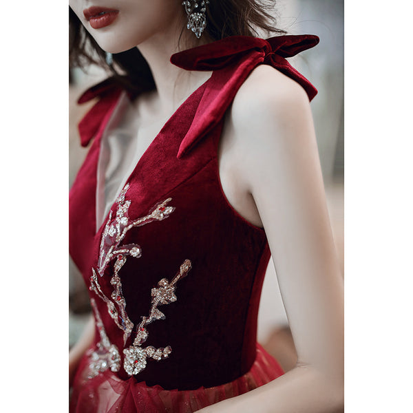 Evening Burgundy Bride Temperament Queen Embroidery V Neck Long Floor Length Ball Dress