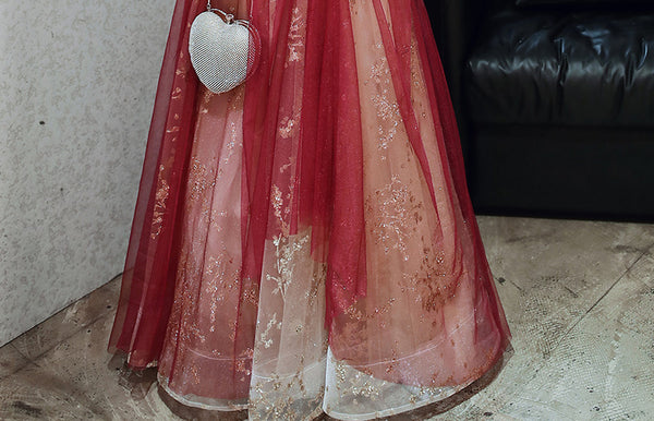 Evening Burgundy Bride Temperament Queen Embroidery V Neck Long Floor Length Ball Dress